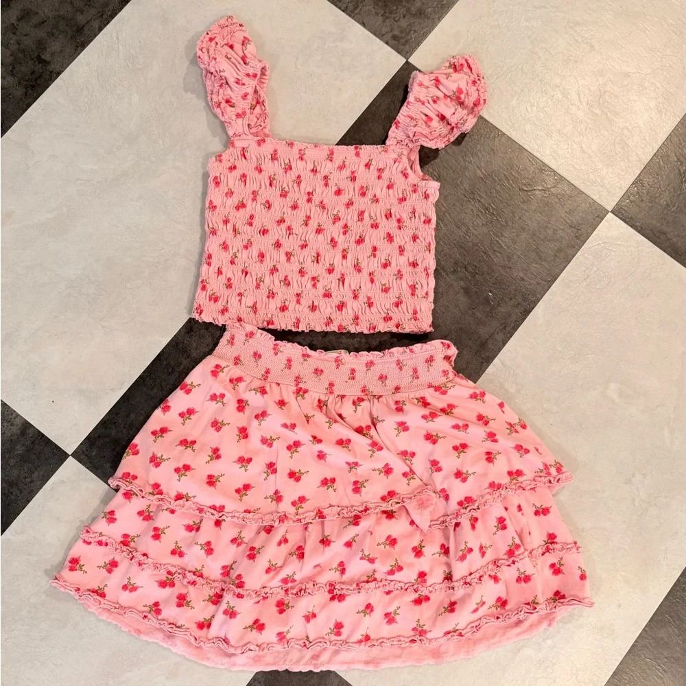 LoveShackFancy Pink Floral Smocked Crop Top & Tiered Skirt Set